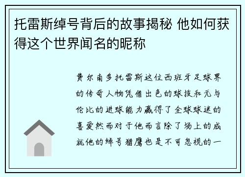 托雷斯绰号背后的故事揭秘 他如何获得这个世界闻名的昵称